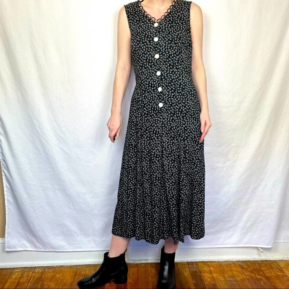 Y2k 90s 80s Bohemian Spring White Black Button Up Midi Dress Womens Size Medium